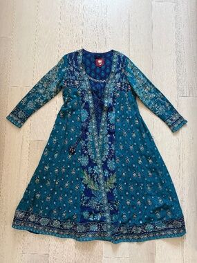 Indian Designer Embroidered Silk Dress & Scarf Set – Gold & Teal Blue – Size M